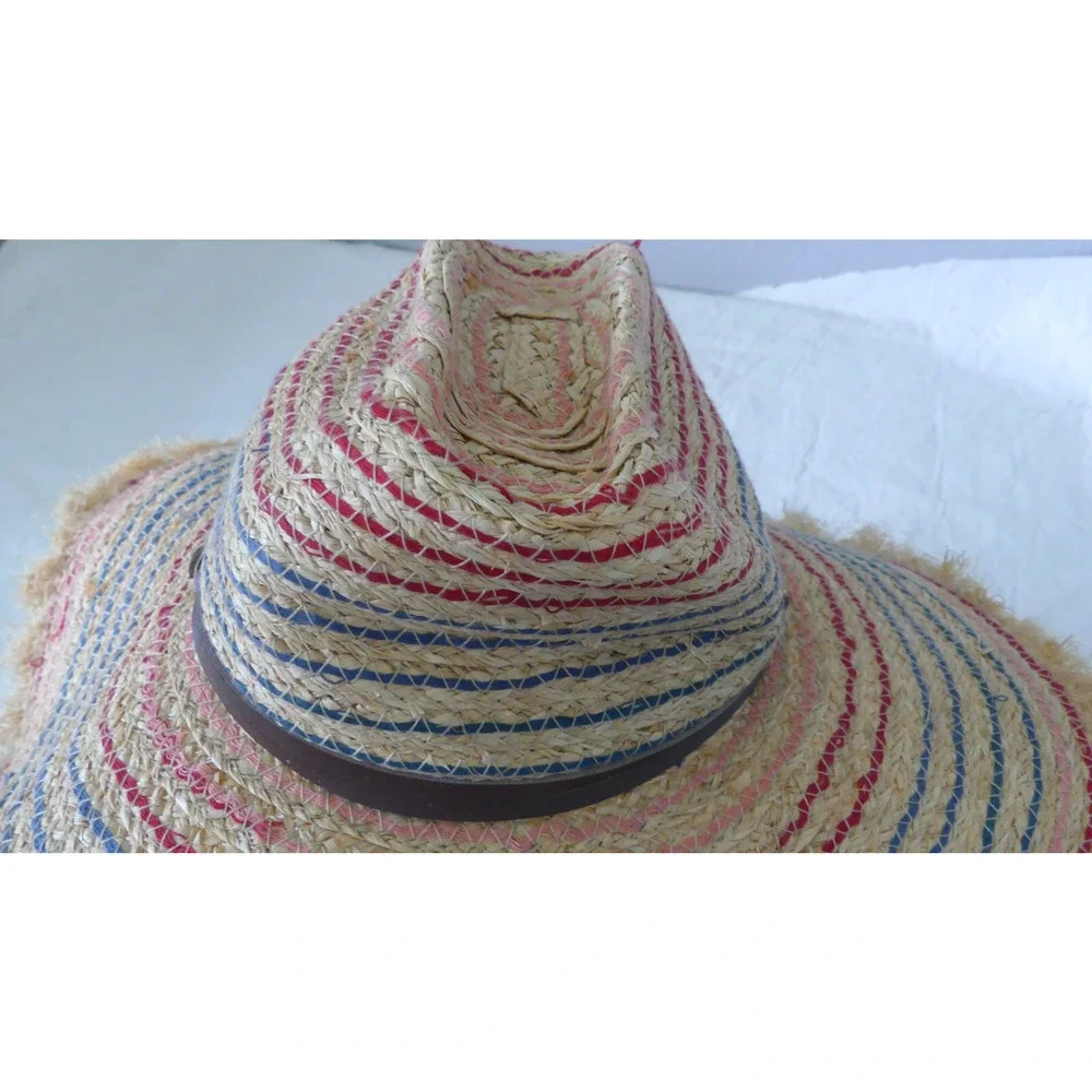 Kate Landry Wide Brim Straw Hat‎ Summer Hat Colorful Thread Leather Chin Strap